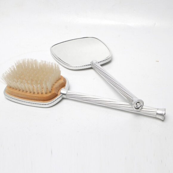 Vintage Vanity Dressing Table Brush Mirror Set England Metal Silver Wood - Picture 3 of 13